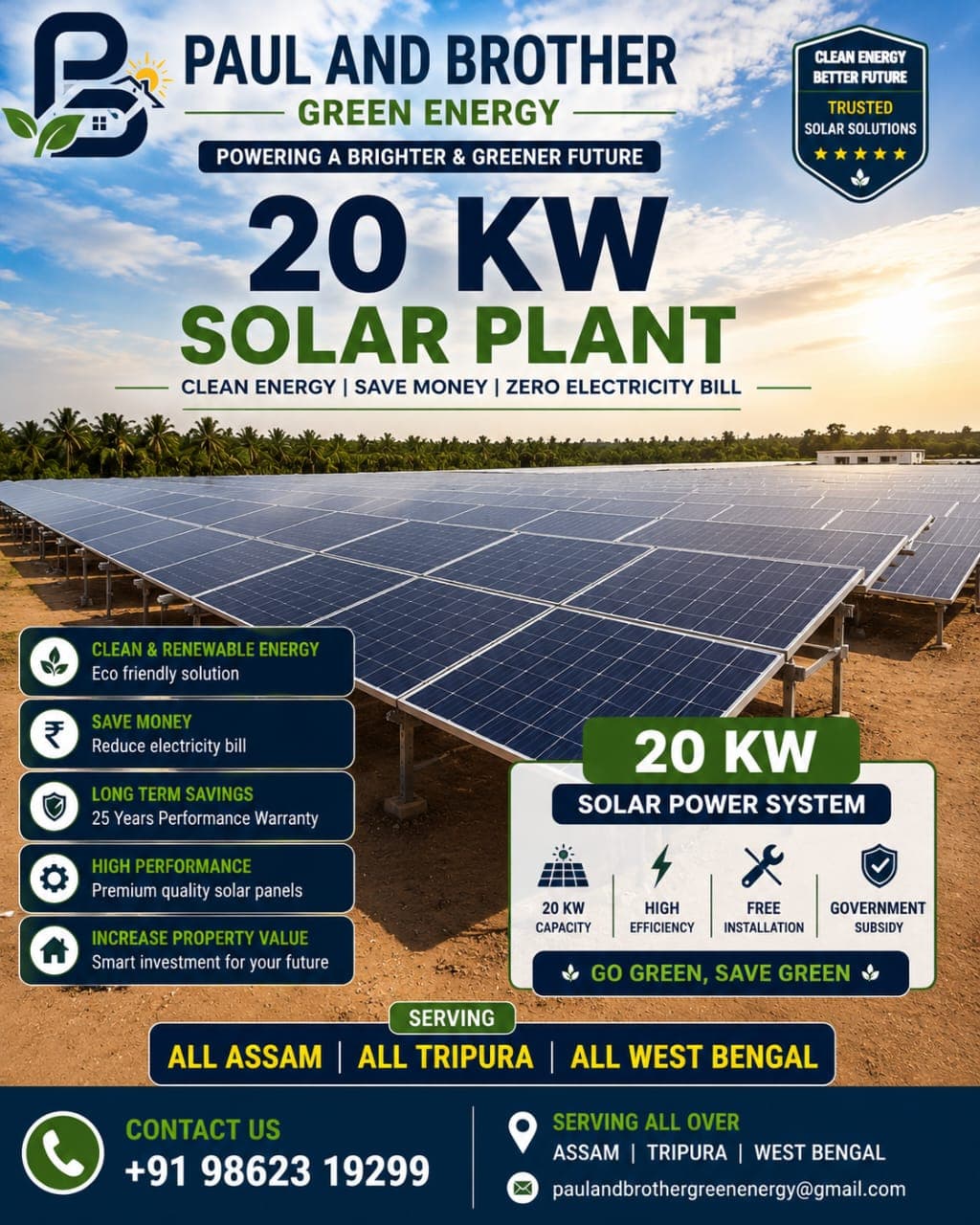 20 KW solar power system serving Assam, Tripura, and West Bengal